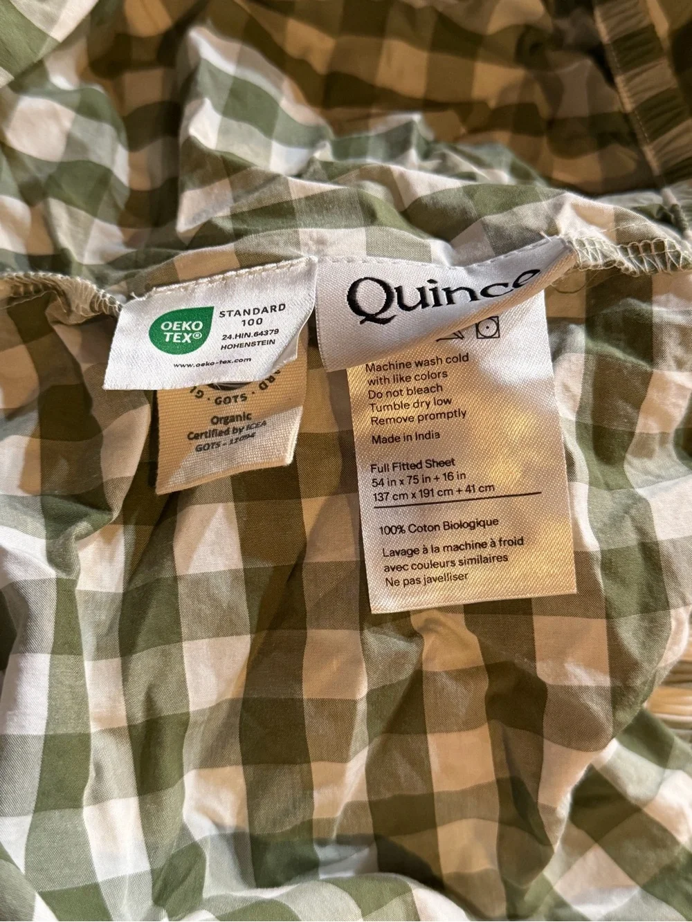 Quince Classic Organic Percale Sheet Set Full Olive Gingham